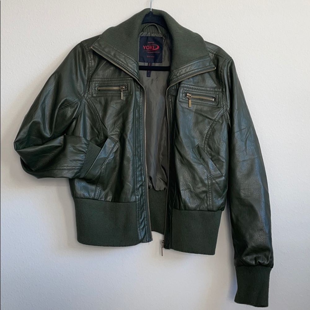 Green vegan leather bomber jacket